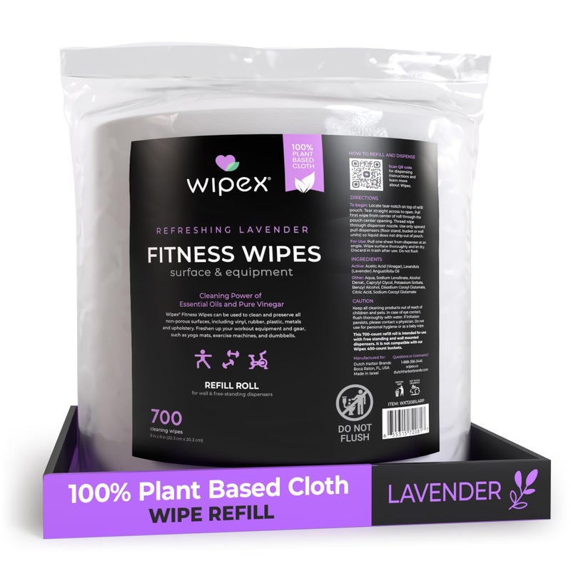 Wipex Plant-Based Gym Wipes Refill - 700 Count, 8"x8" Gym Cleaner for Equipment with Vinegar & Lavender Essential Oil, Fits Dispensers, Lavender Scented Fitness Equipment Wipes, Pack of 1 - Image 1